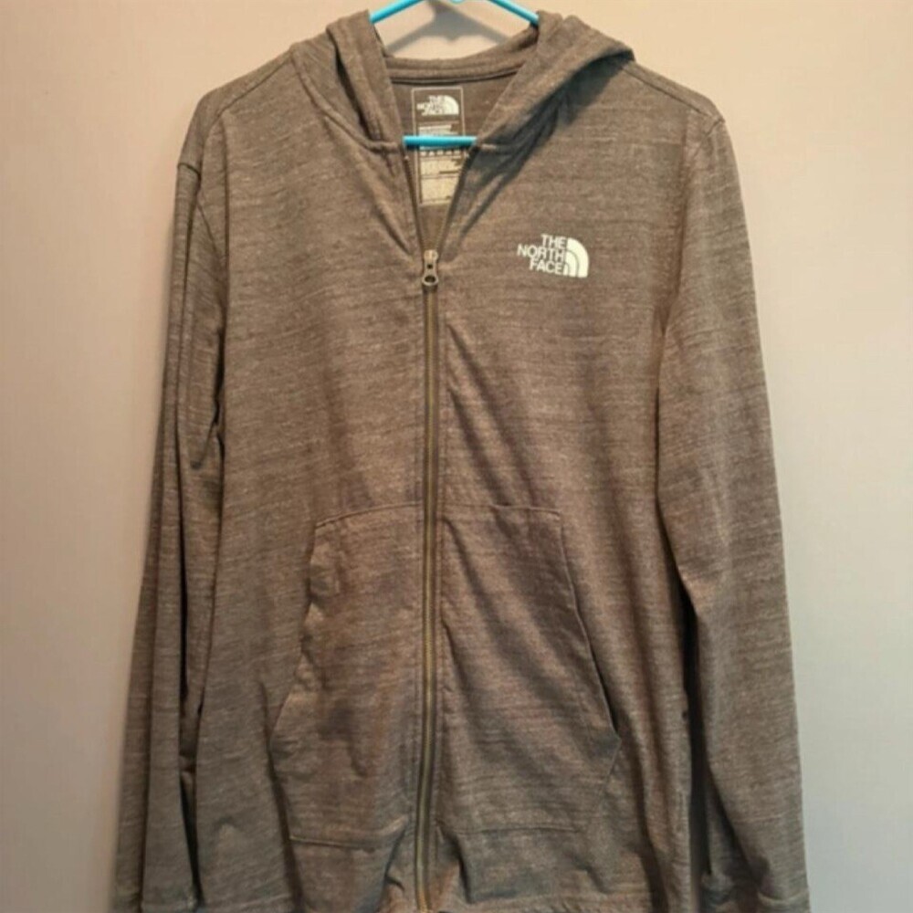 The North Face Hoodie Mens M Gray Full Zip Lightweight Hood Red Logo